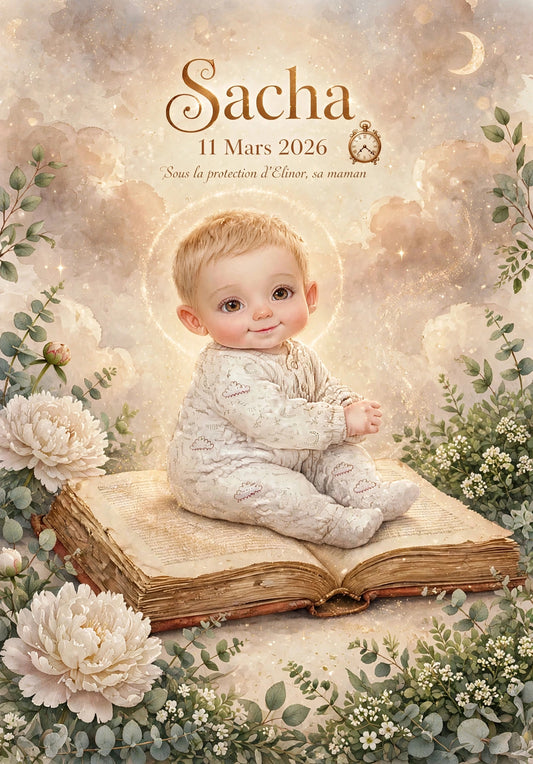 detail affiche naissance garçon terracotta pivoines blanches eucalyptus