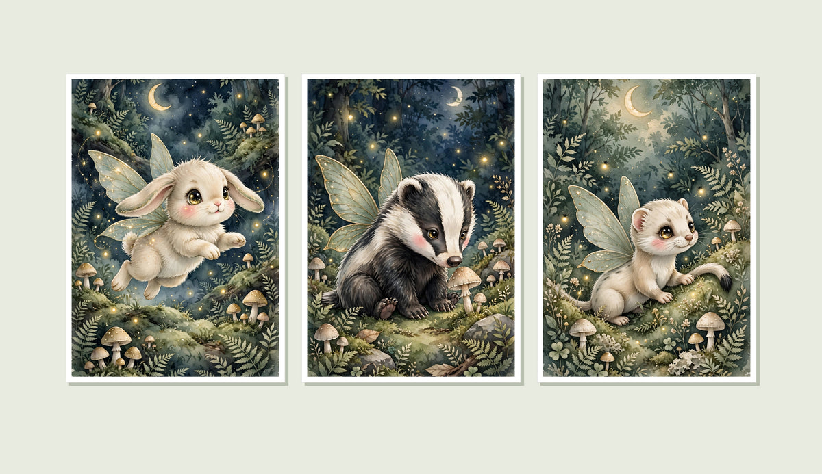 Lot de 3 Affiches Forêt Enchantée - Lapin, Blaireau & Belette Féerique