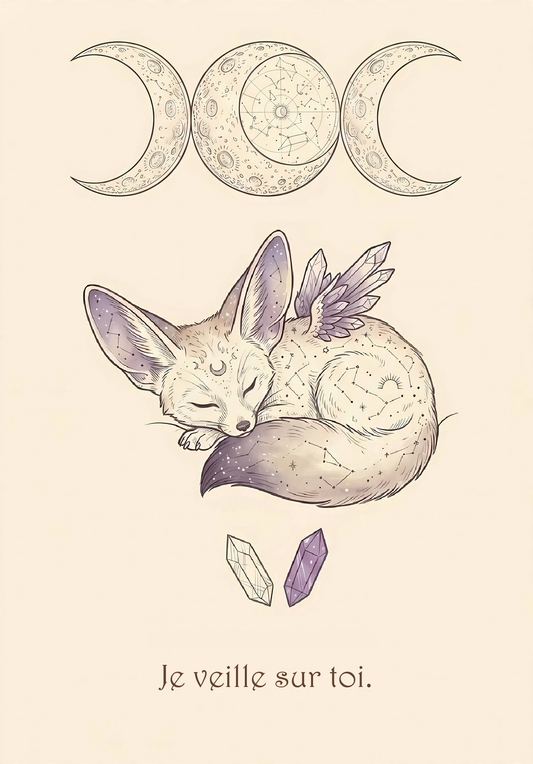 Affiche enfant Fennec gardien qui veille sur votre enfant quoi qu'il arrive - pour toutes les peurs de la nuit dormir seul noir monstre cauchemar solution au sommeil bébé agité