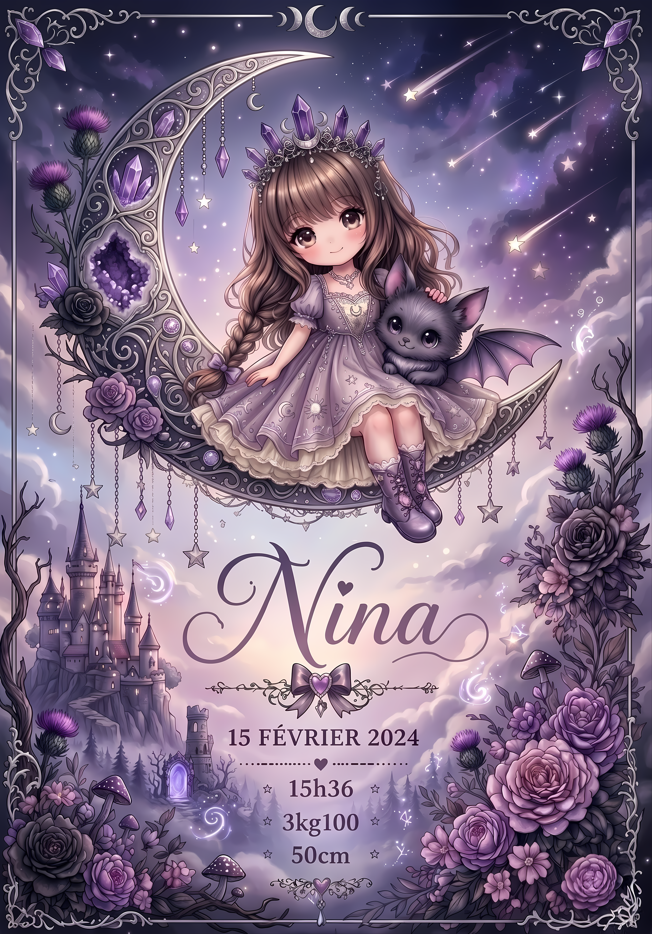 Affiche naissance personnalisée Cailloux Magiques améthyste - bébé petite fille cheveux châtains sur lune violette avec Batty et château lithothérapie