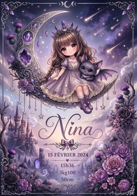 Affiche naissance personnalisée Cailloux Magiques améthyste - bébé petite fille cheveux châtains sur lune violette avec Batty et château lithothérapie