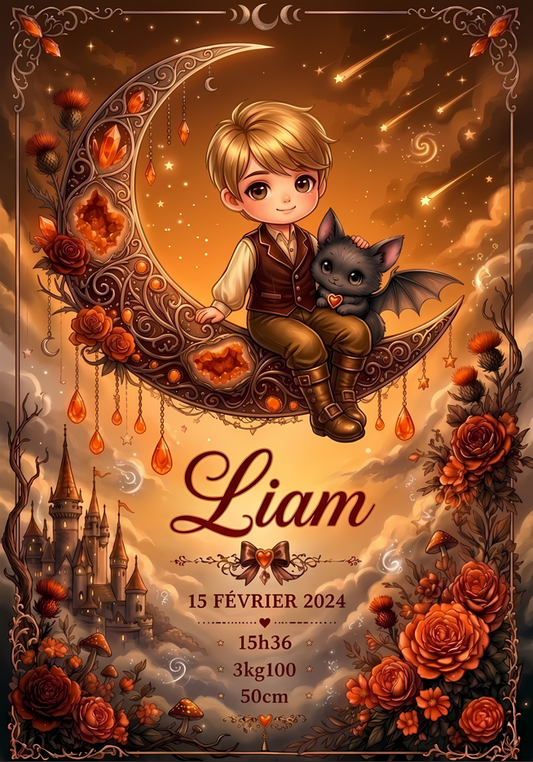 Affiche naissance personnalisée Cailloux Magiques cornaline - bébé garçon blond sur lune orange dorée lithothérapie