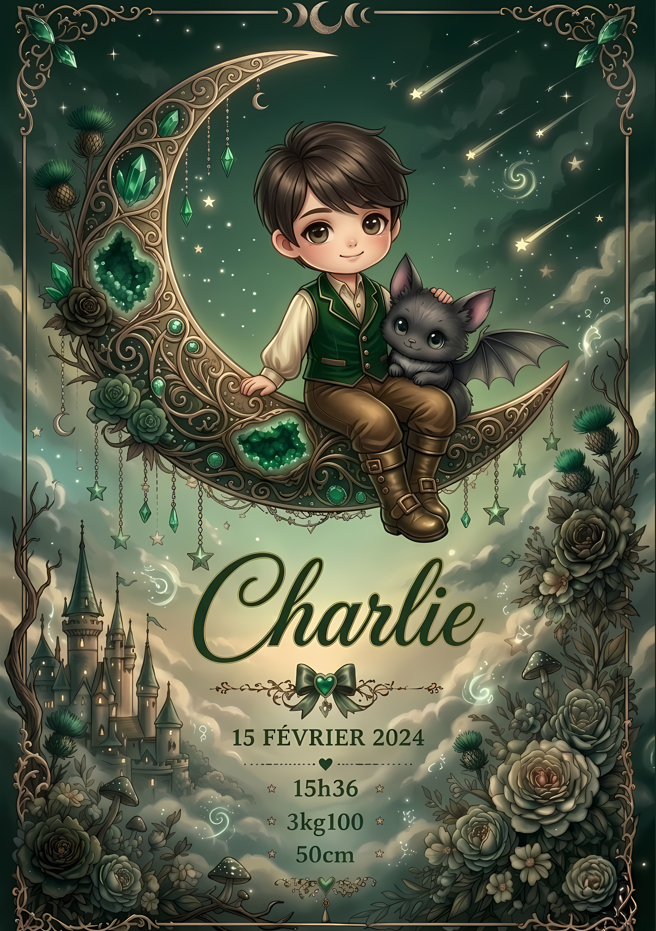 Affiche naissance personnalisée Cailloux Magiques émeraude - bébé garçon cheveux roux sur lune verte - cadeau naissance original lithothérapie