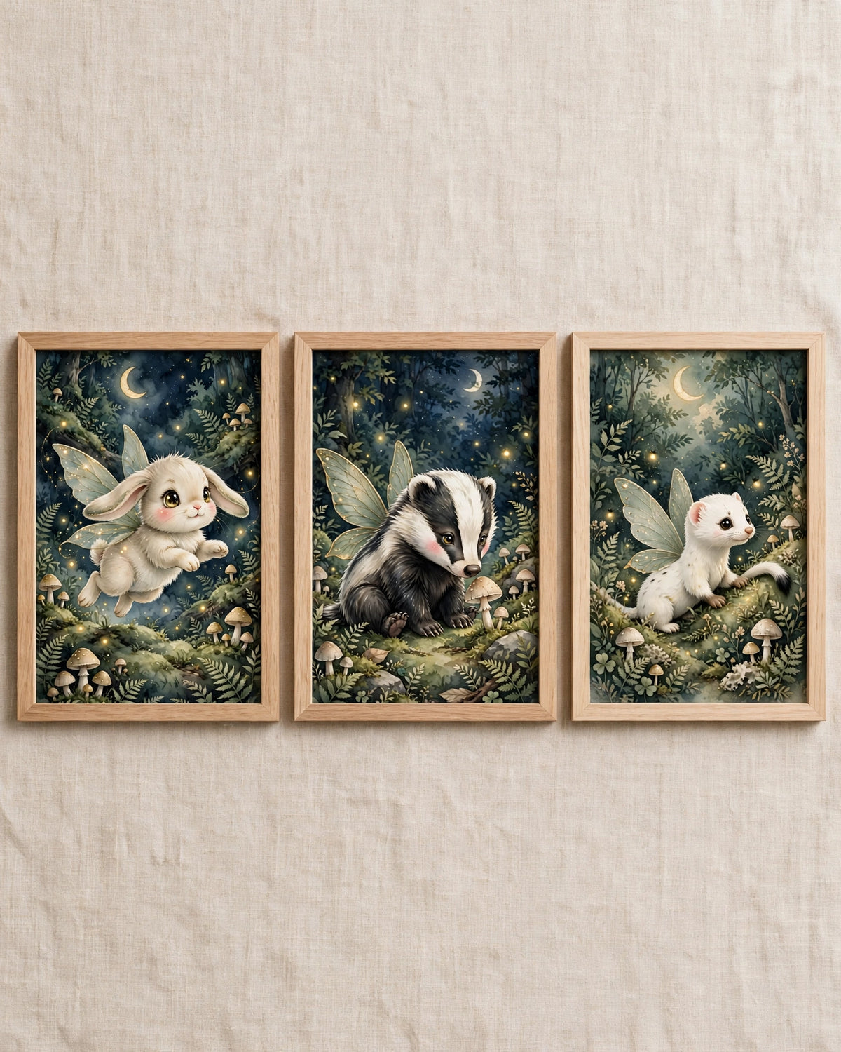 lot 3 affiches bebe foret enchantee lapin blaireau belette feerique cadres bois clair decoration chambre bebe cottagecore