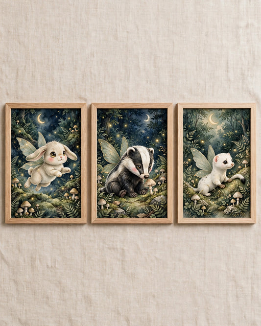 lot 3 affiches bebe foret enchantee lapin blaireau belette feerique cadres bois clair decoration chambre bebe cottagecore