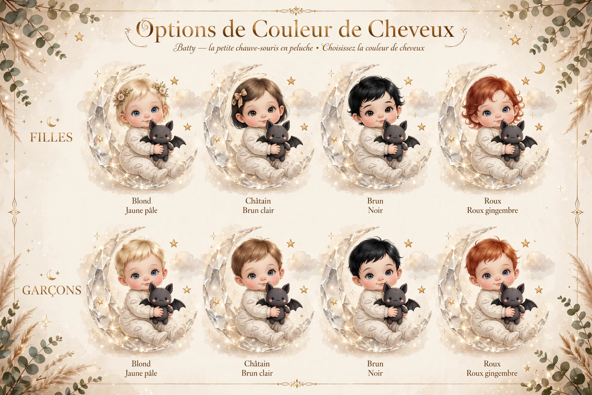 Personnalisation couleur de cheveux Cailloux Magiques - blond châtain brun roux - affiche naissance fille garçon