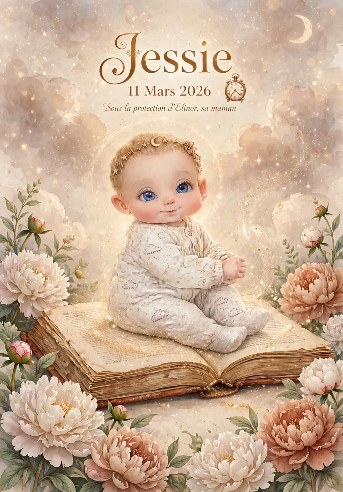 affiche naissance personnalisee bebe sur grimoire terracotta fille Jessie prenom