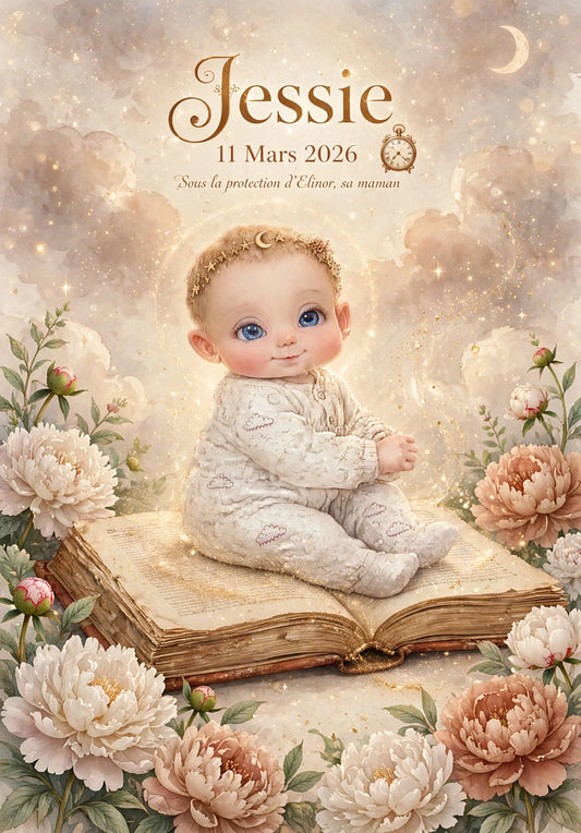 affiche naissance personnalisee bebe sur grimoire terracotta fille Jessie prenom