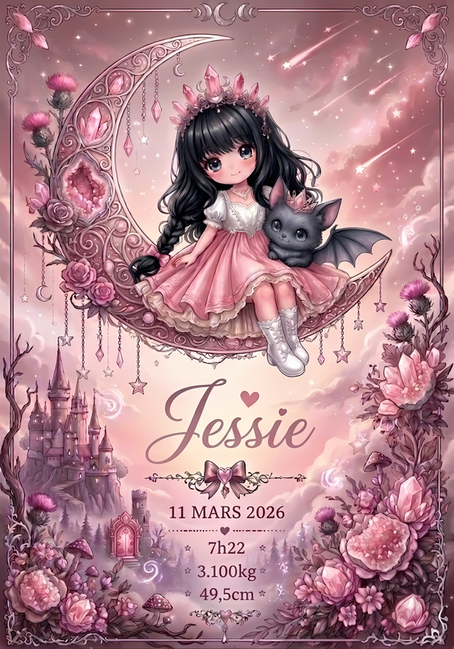 Affiche naissance personnalisée Cailloux Magiques quartz rose - bébé fille cheveux bruns sur lune rose tendre - pierre de naissance douceur lithothérapie