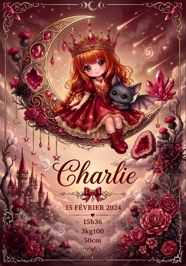 Affiche naissance personnalisée Cailloux Magiques rubis - bébé fille cheveux roux sur lune rouge avec couronne de pierre lithothérapie