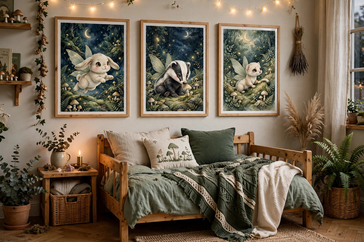 chambre bebe foret enchantee avec 3 affiches lapin blaireau belette au dessus du lit decoration woodland