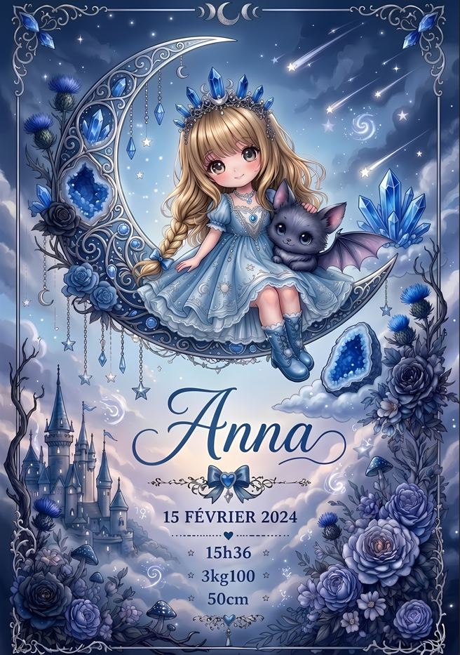 Affiche naissance personnalisée Cailloux Magiques saphir - bébé fille cheveux blonds sur lune bleue profonde avec étoiles lithothérapie